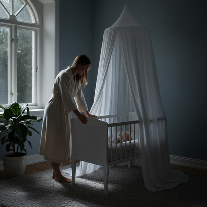 Baldaquin blanc drapé autour d'un berceau dans une chambre aux teintes douces avec une atmosphère nocturne feutrée.