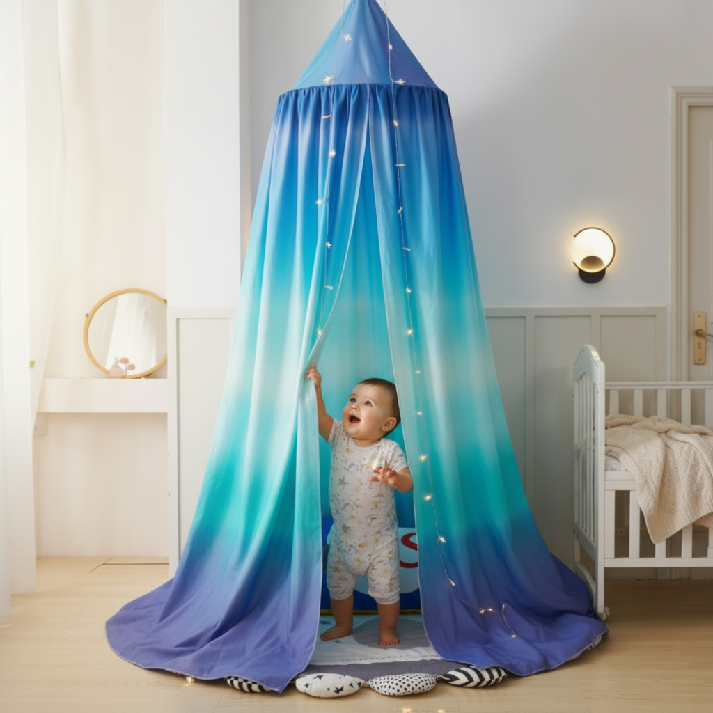 baldaquin lit enfant design degrade bleu et blanc