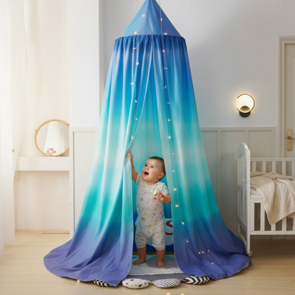 baldaquin lit enfant design degrade bleu et blanc