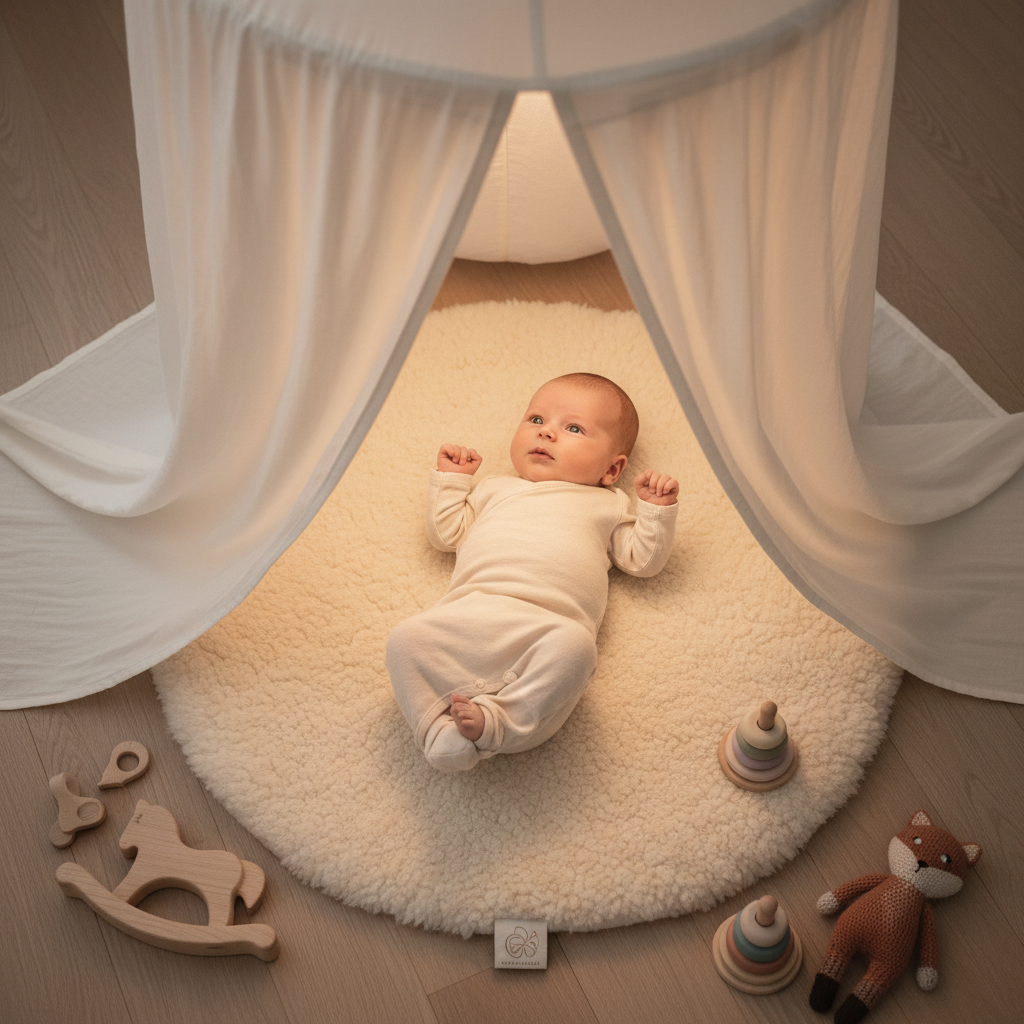 Baldaquin blanc encadrant un tapis de sol moelleux où un bébé souriant est allongé au milieu de jouets en bois.