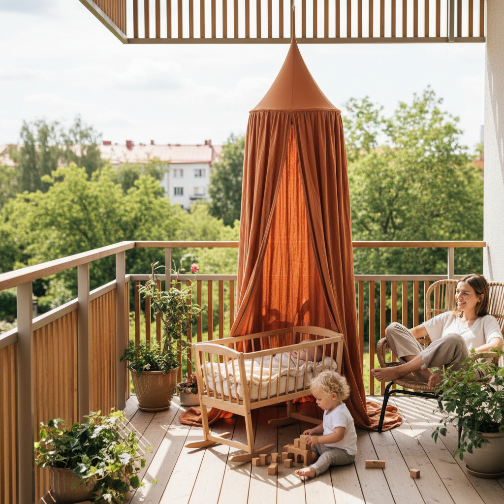 Ciel de lit aménqué sur un balcon ensoleillé avec un espace détente et un enfant jouant au sol.