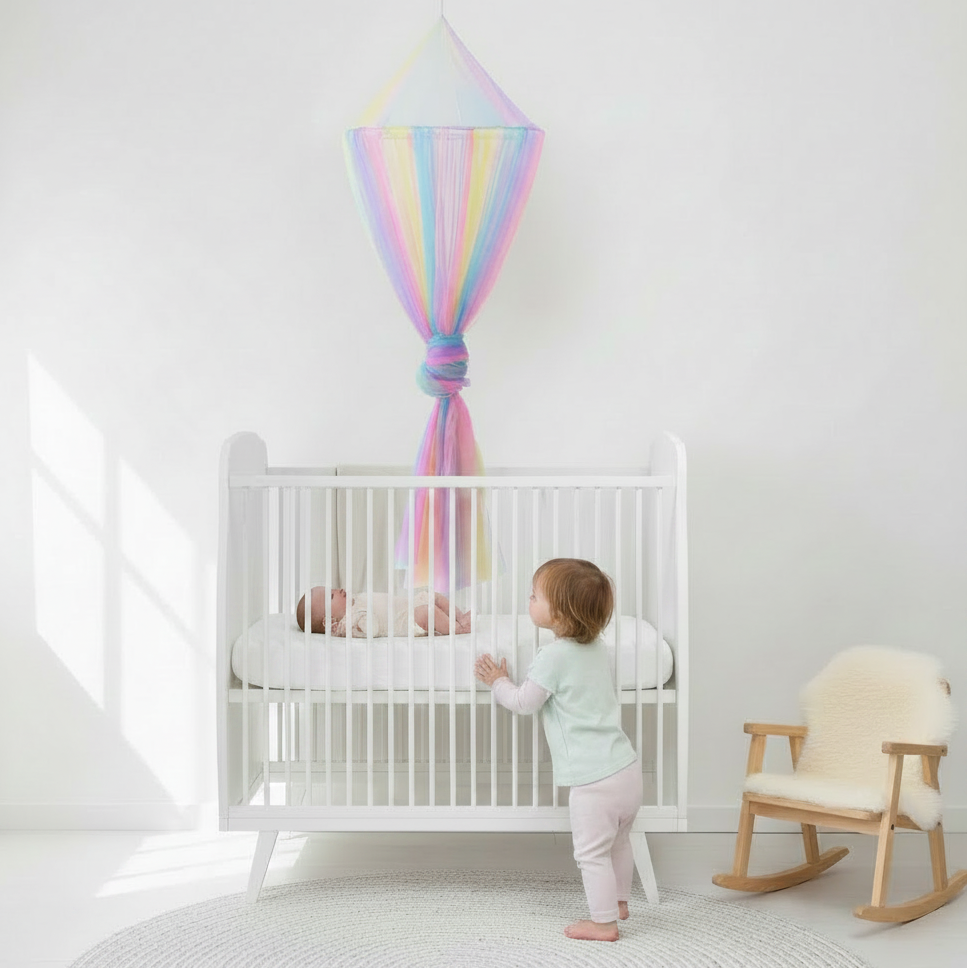 Ciel de lit arc-en-ciel pastel baldaquin féerique au-dessus d'un lit bébé blanc avec grande sœur