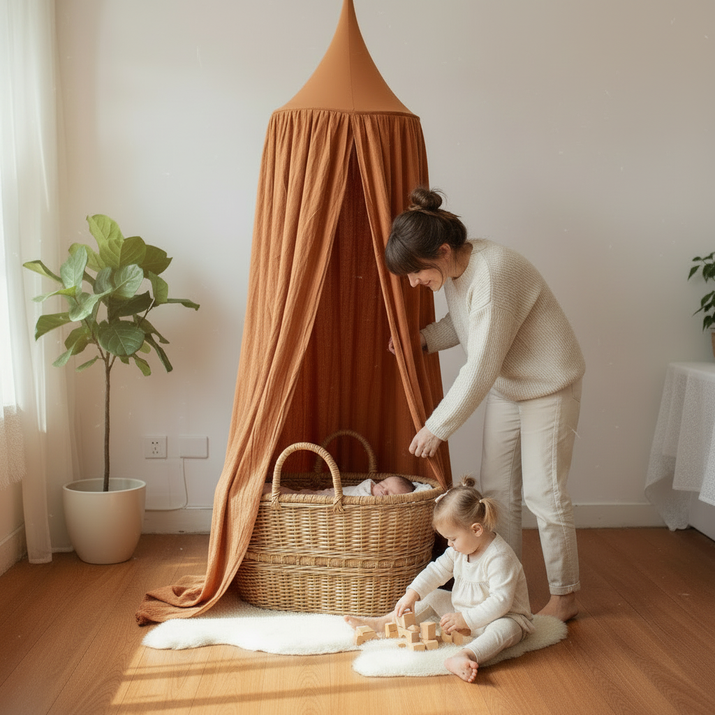 Ciel de lit baldaquin beige orangé installé dans une salle de jeux avec des enfants jouant près d'un panier en osier.