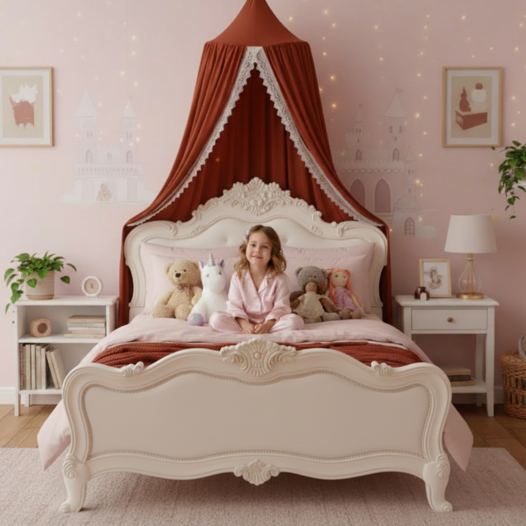 Ciel de lit utilisé en baldaquin au-dessus d'un lit d'enfant de style vintage.