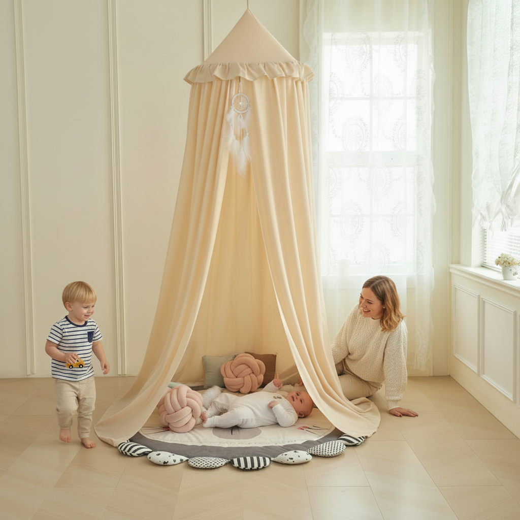 Ciel de lit bébé beige créant un espace de jeu douillet au sol avec des peluches et un tapis arc-en-ciel.