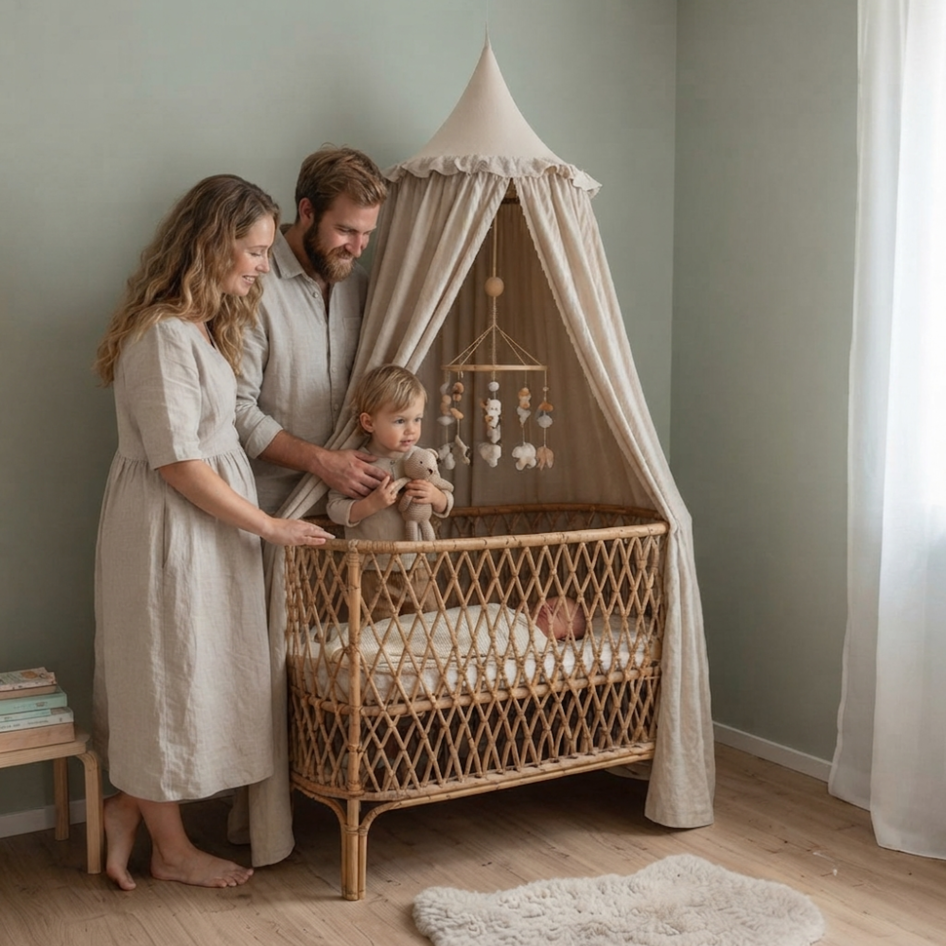 Ciel de lit bébé beige en lin suspendu au-dessus d'un berceau en osier, avec une famille qui pose tendrement autour.