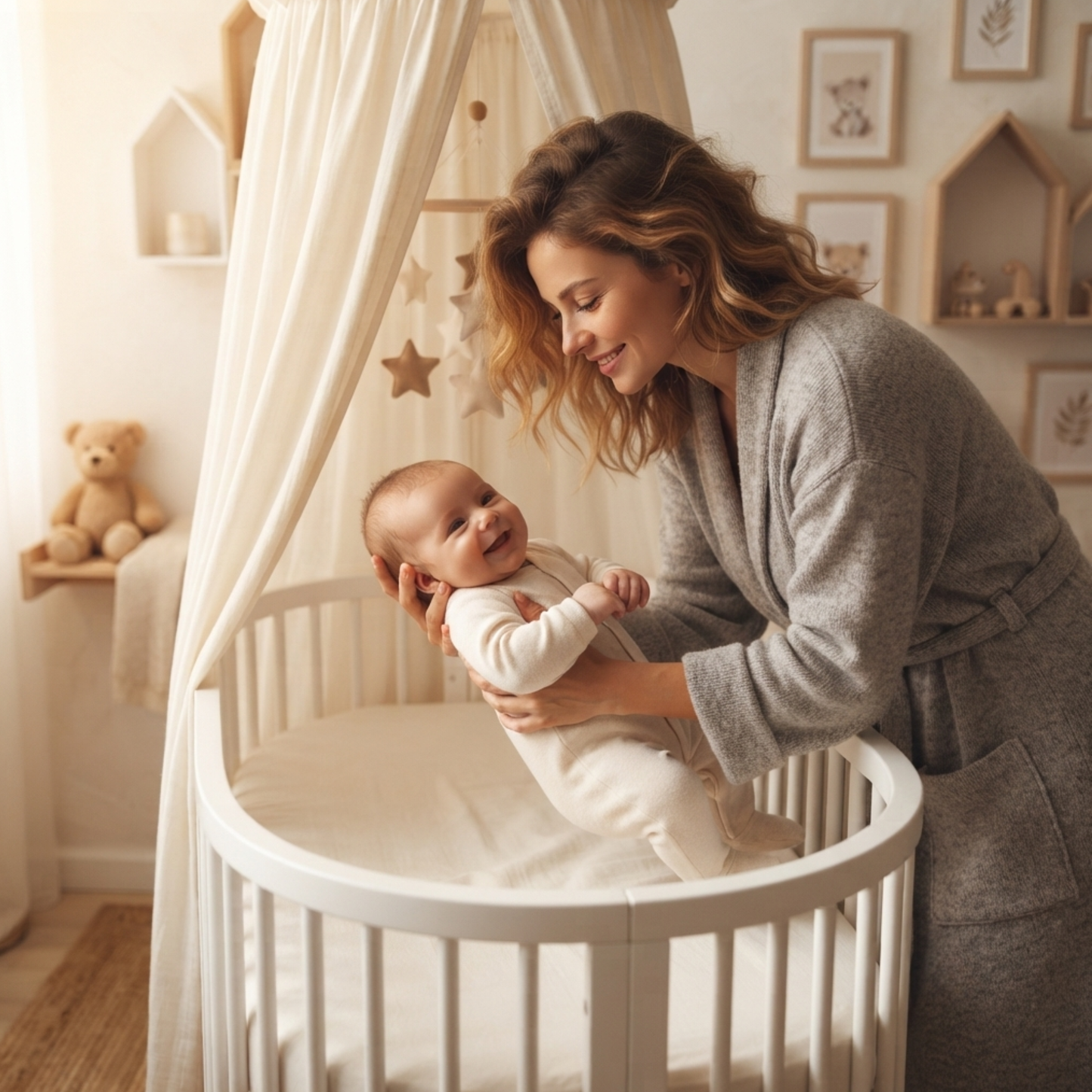 Ciel de lit bébé beige sable drapé élégamment sur un berceau ovale, avec une mère qui sourit à son bébé.