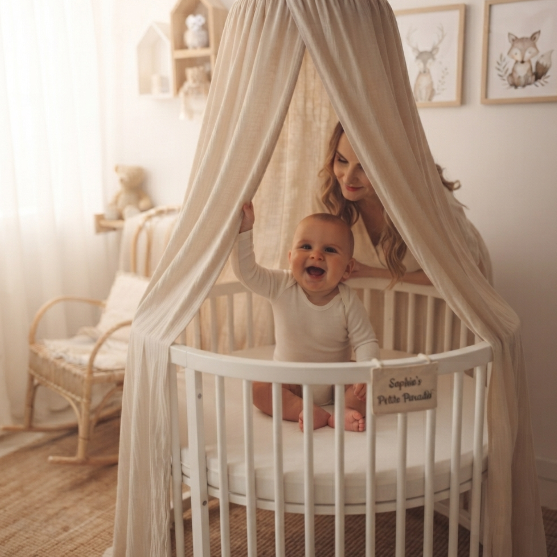 Ciel de lit bébé crème recouvrant un berceau à barreaux en bois clair, avec un petit garçon souriant à l'intérieur.