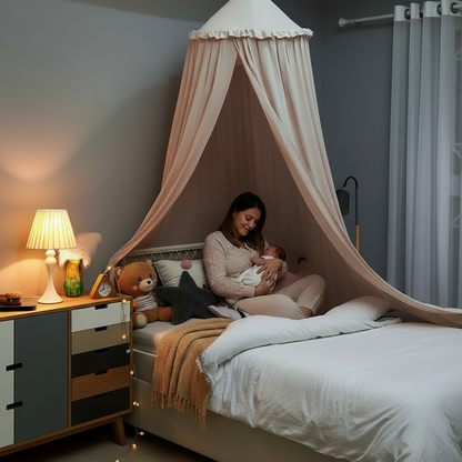 Ciel de lit bébé crème au-dessus d'un berceau, avec un fauteuil à bascule à côté pour l'allaitement.