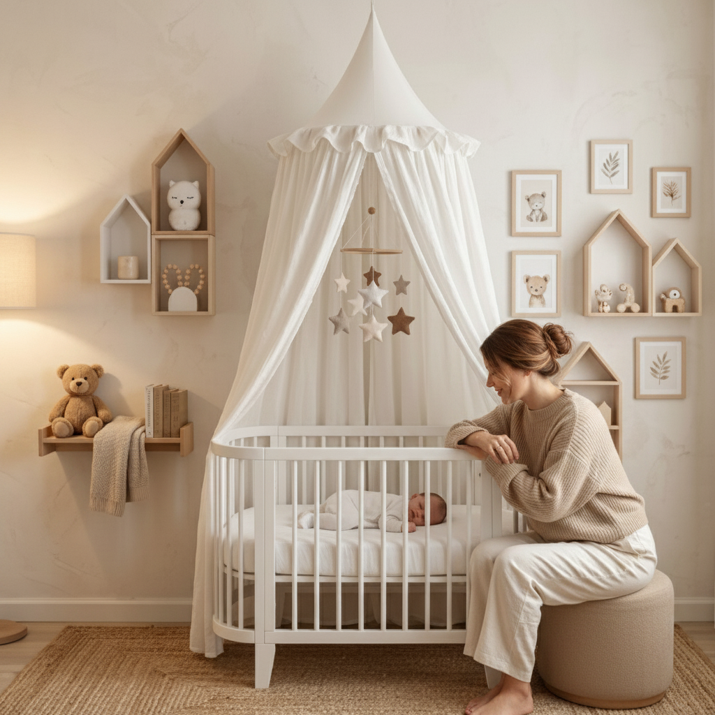 Ciel de lit bébé crème installé contre un mur gris, avec des étagères murales en forme de maison et des jouets en bois.