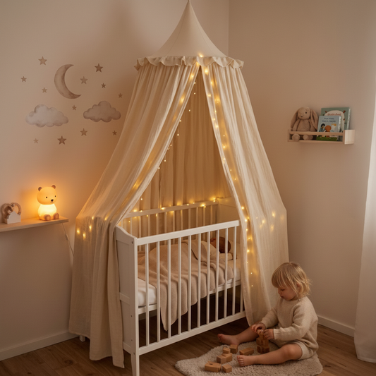 Ciel de lit bébé crème avec décorations murales étoiles et lune, et guirlande lumineuse suspendue au-dessus d'un berceau en bois blanc.