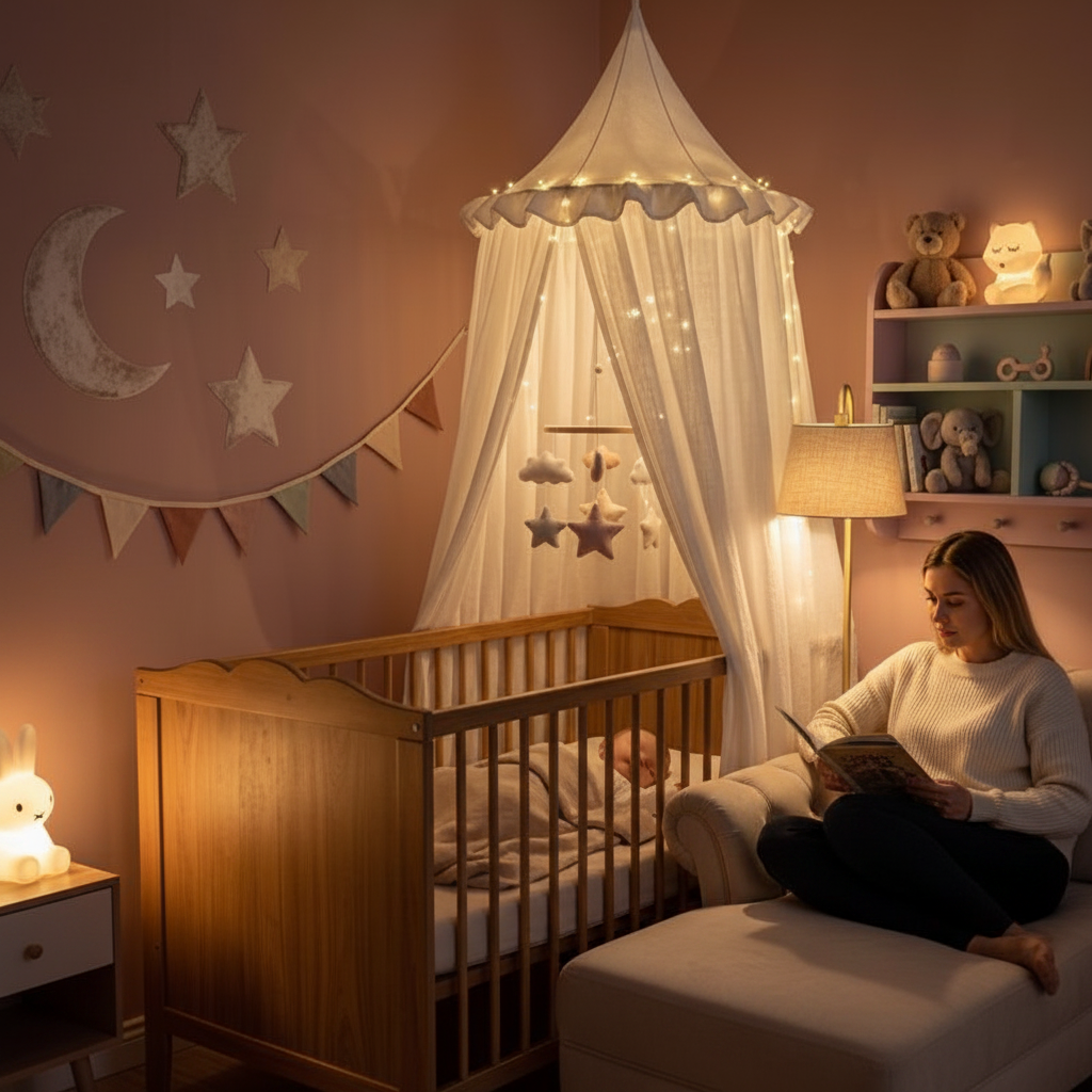 Ciel de lit bébé crème décoré de nuages, formant un coin lecture intime pour une maman et son enfant.