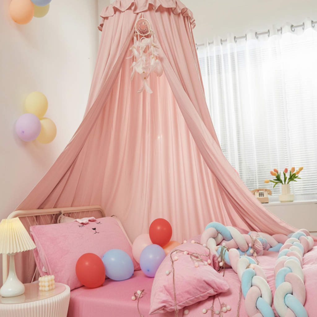 Ciel de lit bébé rose bonbon dans une chambre de petite fille, avec des meubles blancs et des décorations pastel.