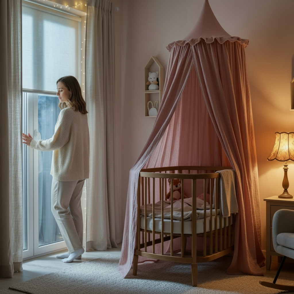 Ciel de lit bébé rose pâle avec une finition à volants et de la dentelle, installé près d'un lit double dans une chambre parentale.