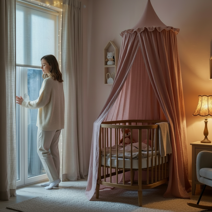 Ciel de lit bébé rose pâle avec une finition à volants et de la dentelle, installé près d'un lit double dans une chambre parentale.