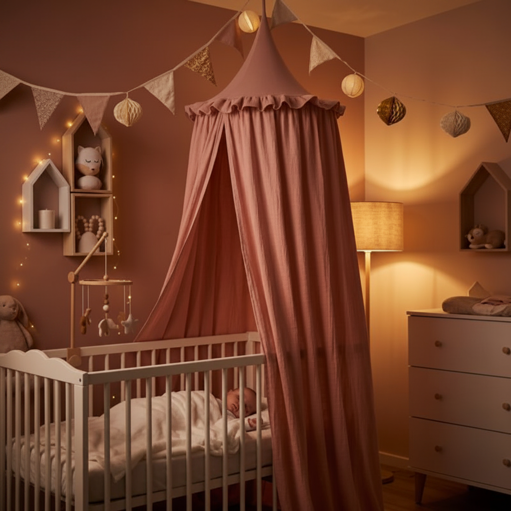 Ciel de lit bébé vieux rose poudré en coton, créant un coin douillet dans une chambre aux tons neutres.