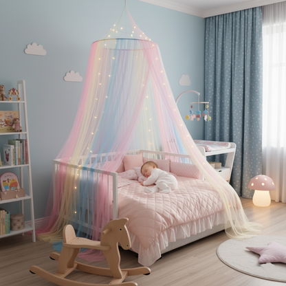 Ciel de lit suspendu au-dessus d'un berceau dans une chambre de bébé au style doux et épuré.