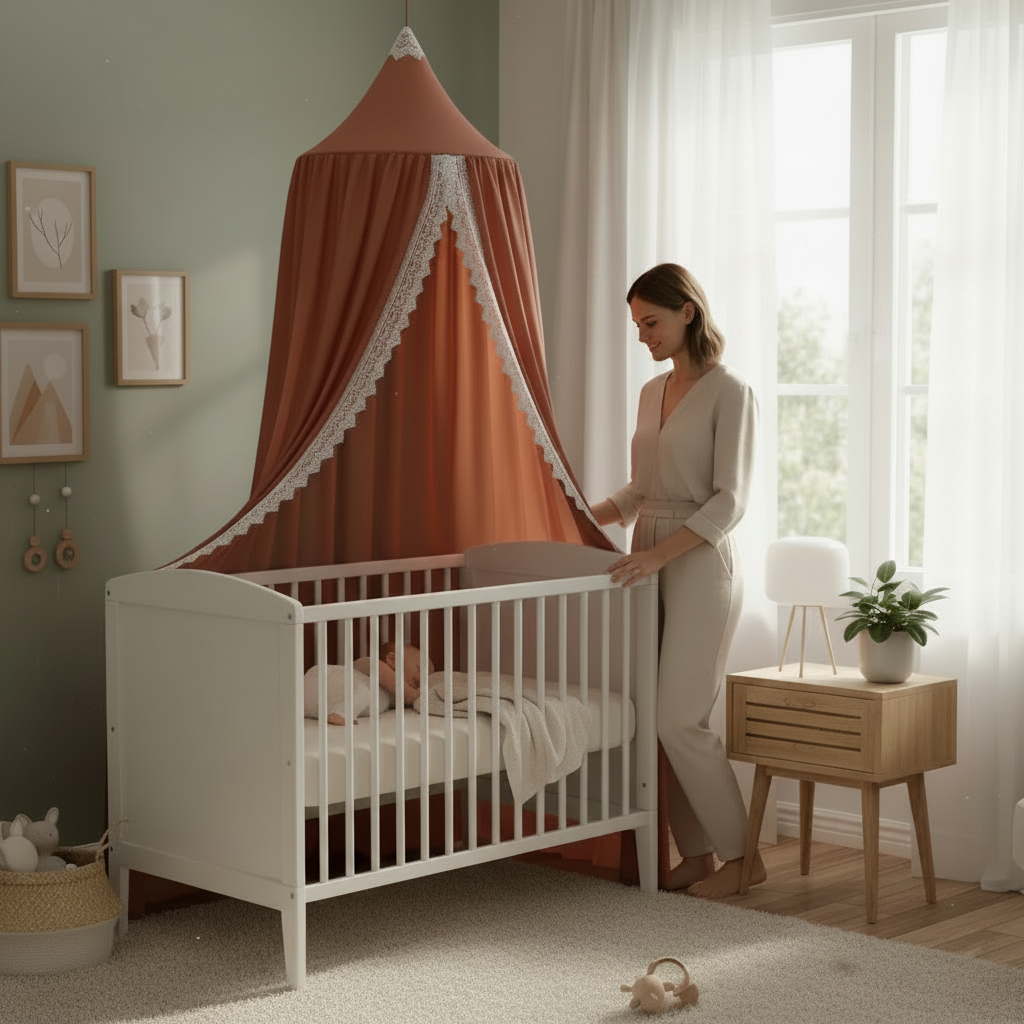 Ciel de lit suspendu au-dessus d'un berceau en bois pour une décoration de chambre élégante.