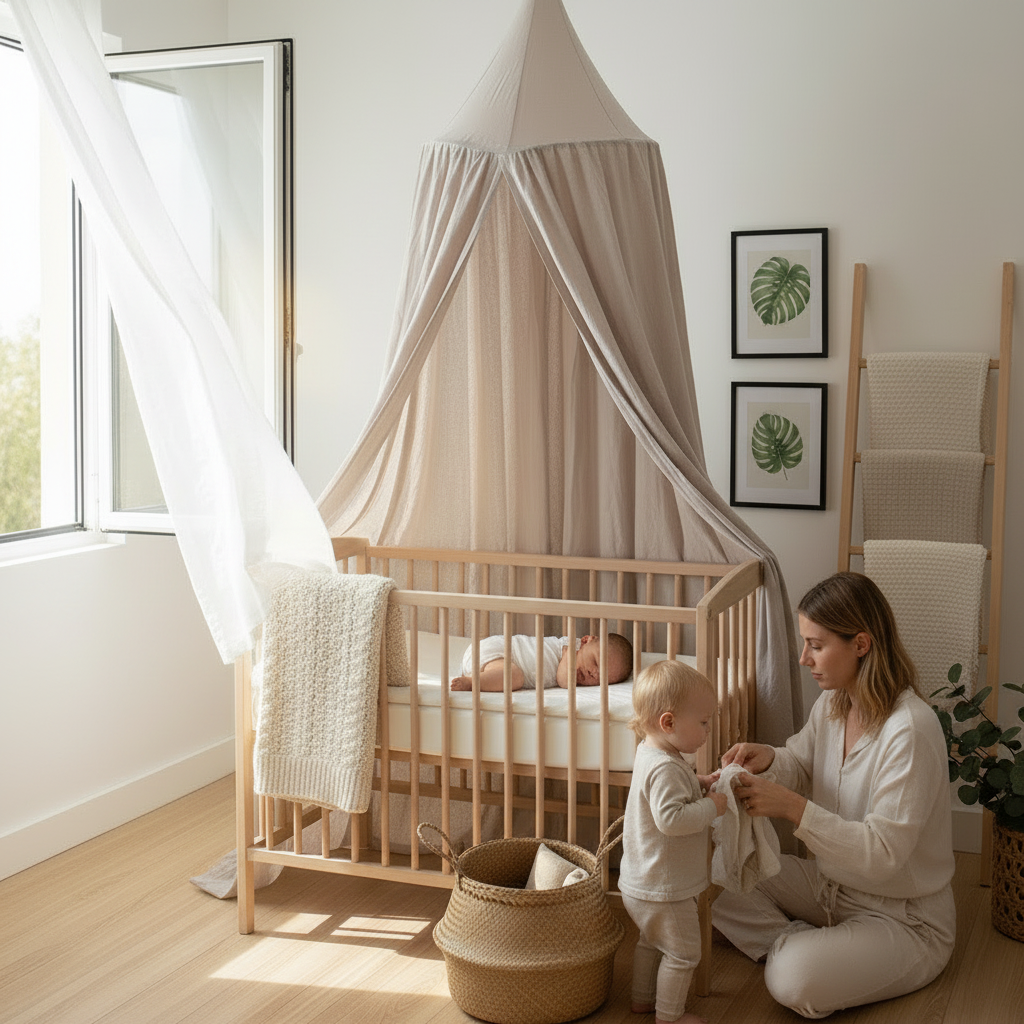 Ciel de lit suspendu au-dessus d'un berceau en bois avec une maman et son enfant dans la chambre.