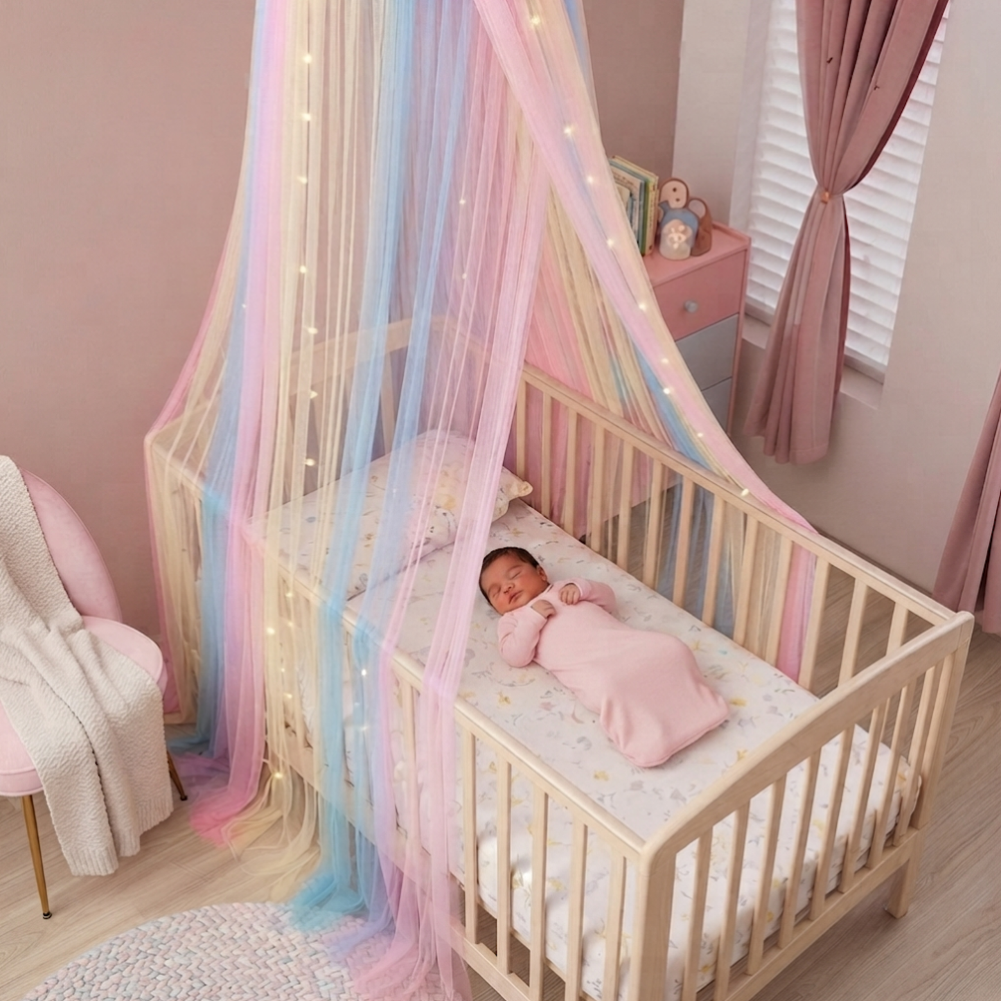 Ciel de lit  avec berceau pour bébé et arc-en-ciel et lumières intégrées pour une atmosphère apaisante.