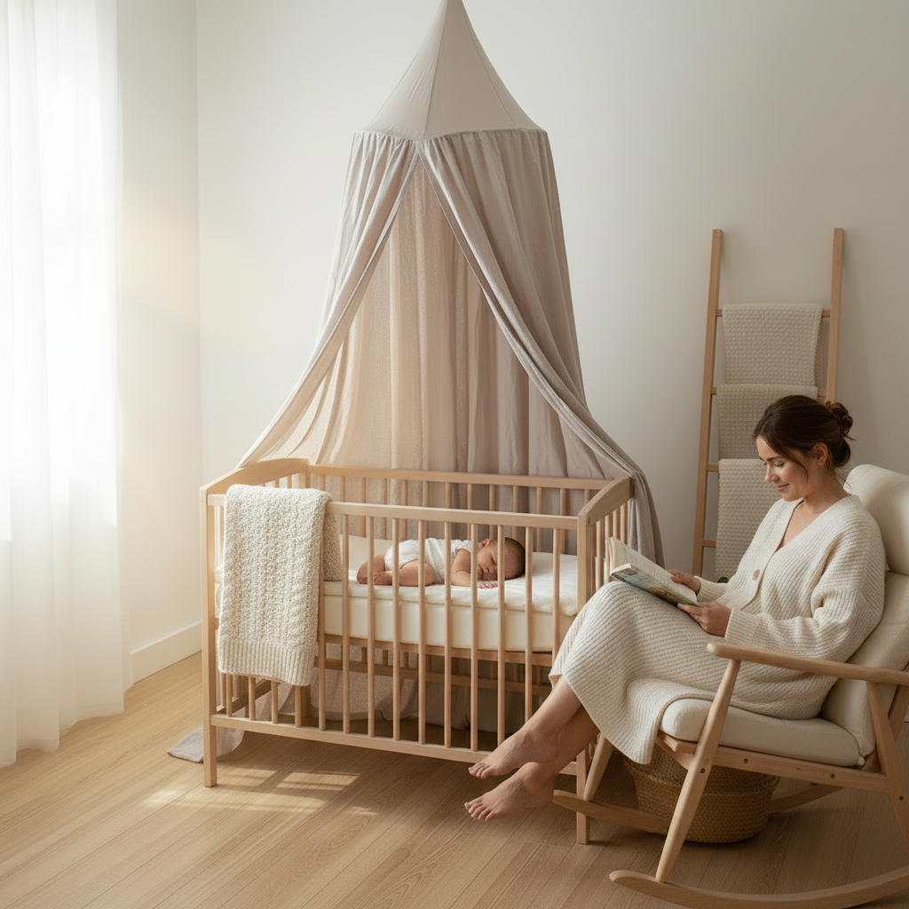 Ciel de lit élégant au-dessus d'un lit de bébé avec un fauteuil à bascule pour l'allaitement.