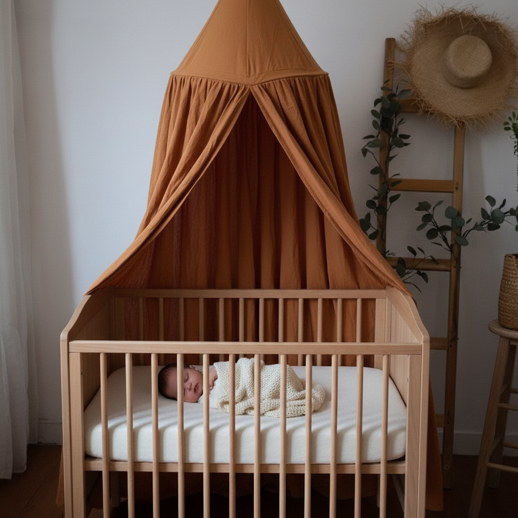 Ciel de lit suspendu au-dessus d'un lit à barreaux en bois avec un bébé qui dort paisiblement.