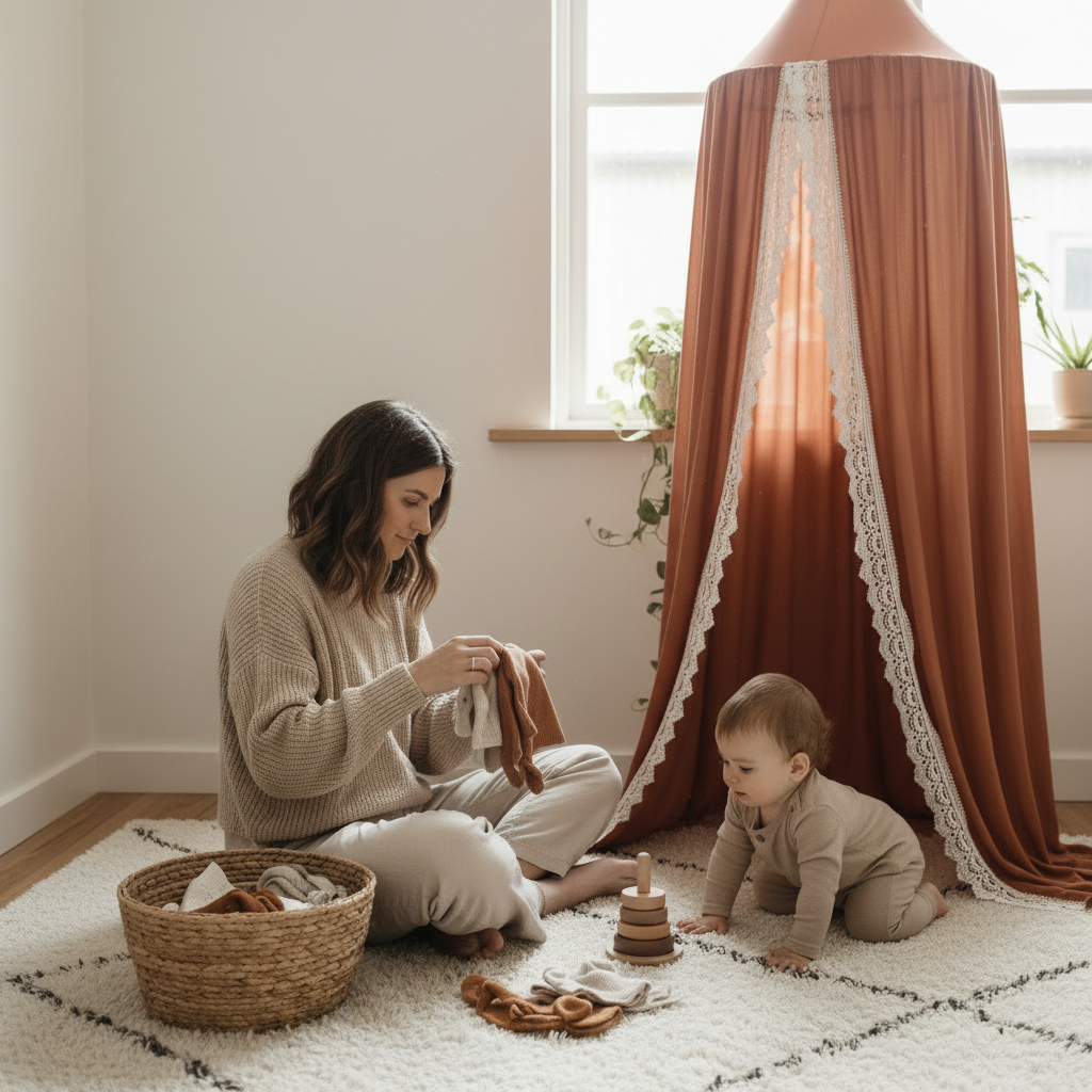 Ciel de lit décoratif dans une chambre d'enfant, créant une ambiance cosy avec une maman et son bébé.