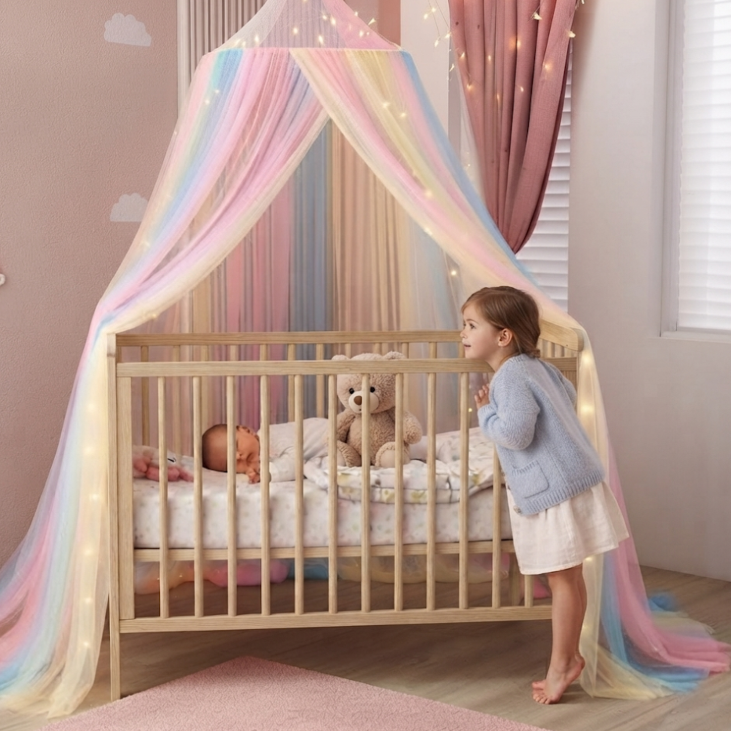 Ciel de lit avec grande sœur admirant son petit frère qui dort dans un berceau protégé par celui-ci décoratif.