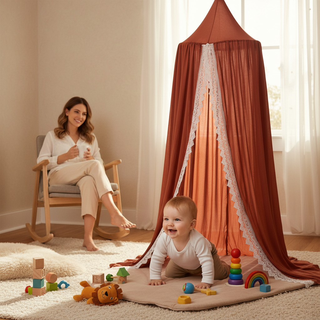 Ciel de lit installé près d'un coin lecture avec maman et enfant sur un tapis de jeu.