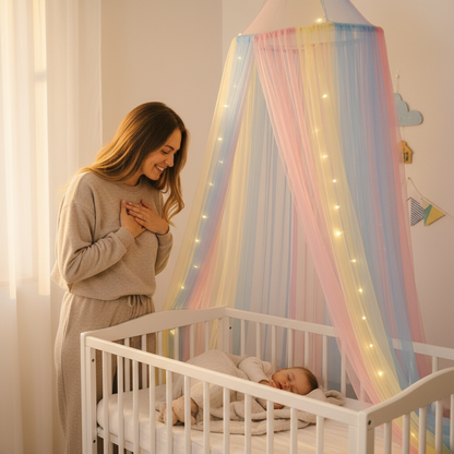 Ciel de lit et maman veille sur son bébé dans un berceau élégant décoré avec guirlande lumineuse LED.