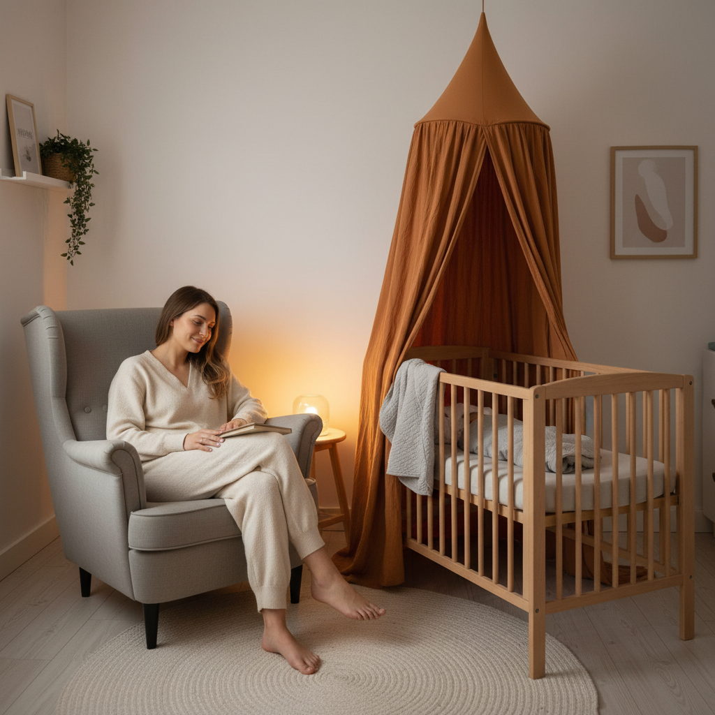 Ciel de lit élégant dans une chambre de bébé chaleureuse avec un fauteuil confortable pour l'allaitement.