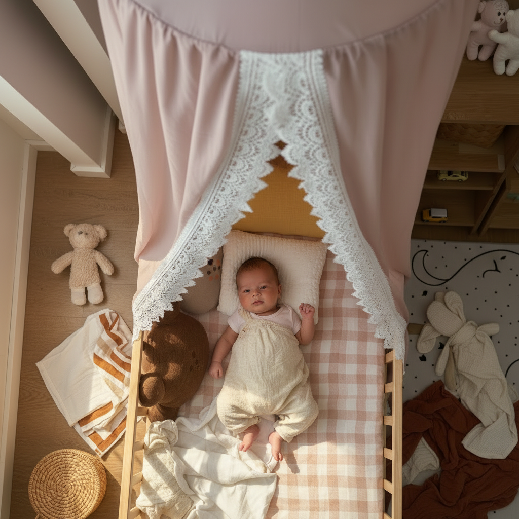 Ciel de lit vue en plongée d'un bébé couché paisiblement dans un lit à barreaux drapé d'un ciel de lit rose avec une bordure en dentelle.