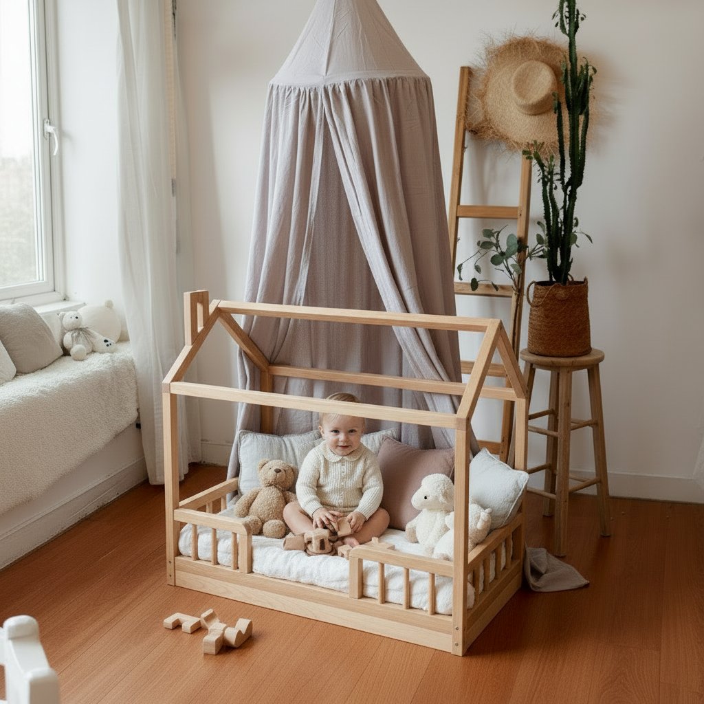 Ciel de lit en tissu beige drapé sur un lit cabane en bois pour une chambre d'enfant chaleureuse.