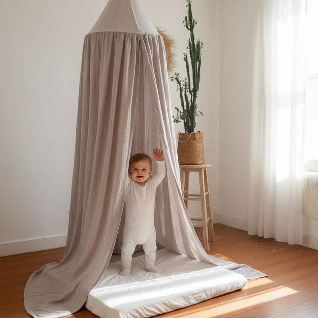 Ciel de lit beige encadrant un matelas au sol pour un espace de repos et de jeux de type Montessor