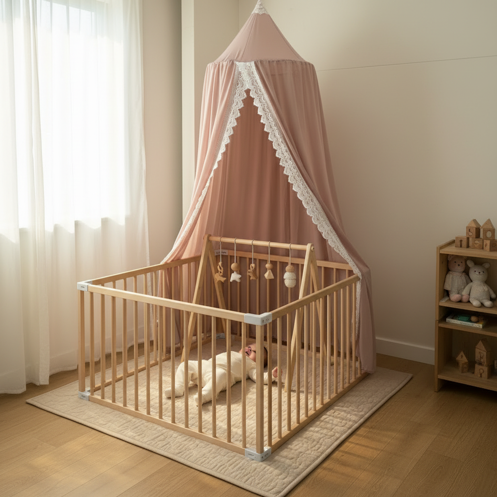 Ciel de lit lavende poudré créant un espace intime au-dessus d'un grand parc bébé en bois, posé sur un tapis.