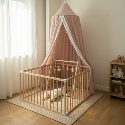 Ciel de lit lavende poudré créant un espace intime au-dessus d'un grand parc bébé en bois, posé sur un tapis.