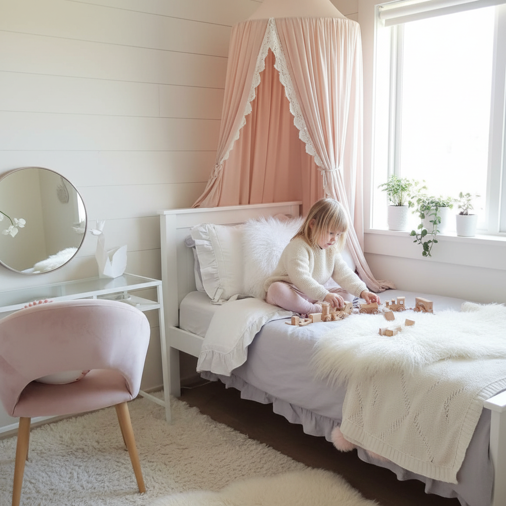 Ciel de lit ambiance de chambre d'enfant bohème avec un ciel de lit rose au-dessus d'un lit bas, une chaise et une étagère en bois, style doux.