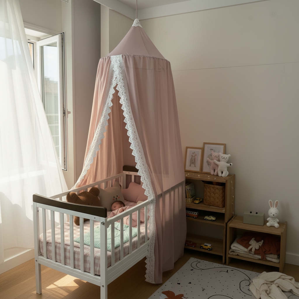 Ciel de lit rose orné de dentelle, couvrant un petit lit d'enfant dans une chambre lumineuse avec d'autres meubles en bois.