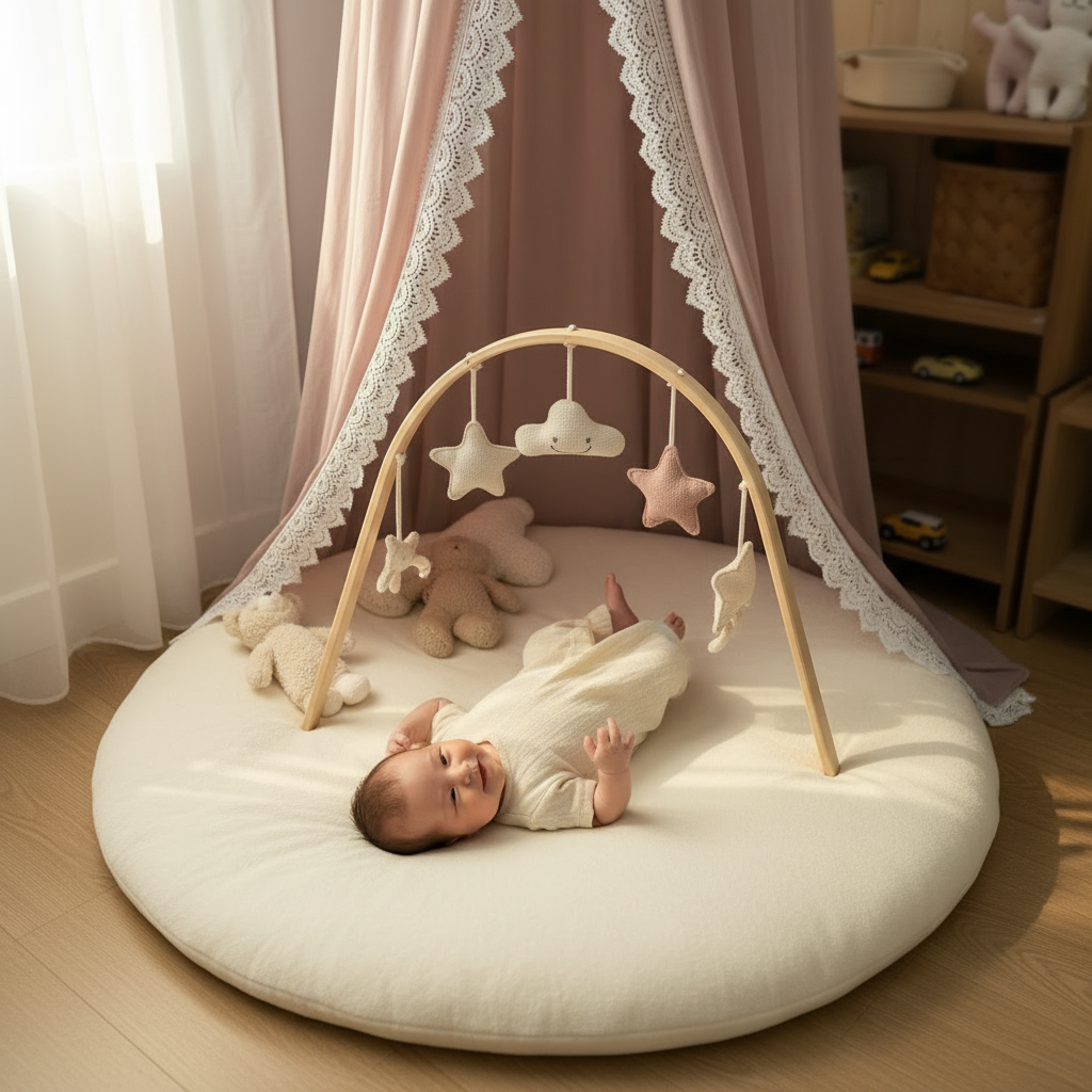 Ciel de lit en mousseline rose suspendu au-dessus d'un tapis de jeu rond pour bébé, avec une arche d'éveil et des jouets suspendus.