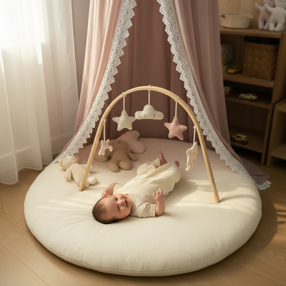 Ciel de lit en mousseline rose suspendu au-dessus d'un tapis de jeu rond pour bébé, avec une arche d'éveil et des jouets suspendus.
