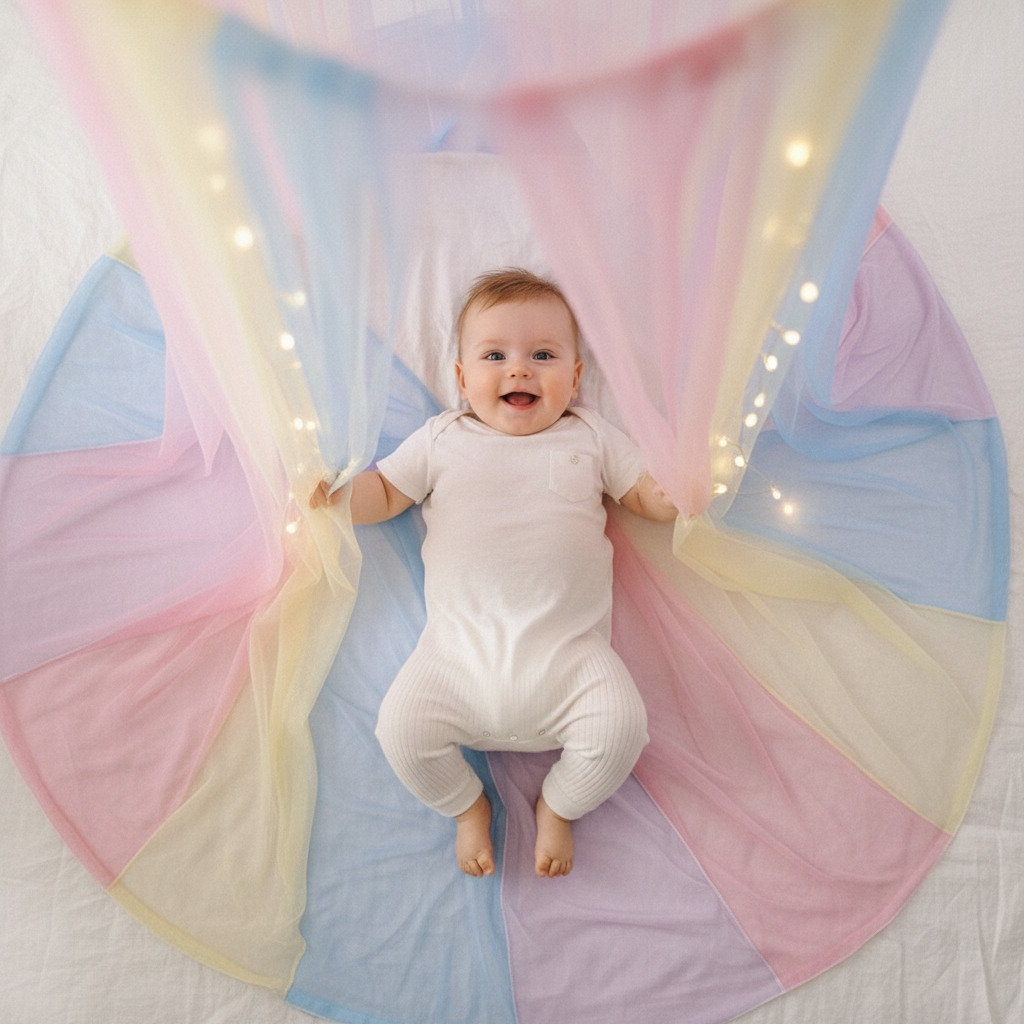 Ciel de lit et Bébé allongé sur un tapis d'éveil sous celui-ci en tulle aux couleurs pastel éclatantes.