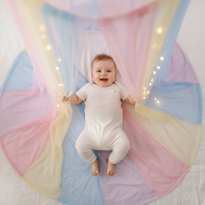 Ciel de lit et Bébé allongé sur un tapis d'éveil sous celui-ci en tulle aux couleurs pastel éclatantes.
