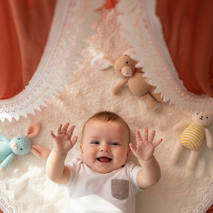 Ciel de lit en arrière-plan d'un portrait de bébé souriant allongé sur un tapis en peau de mouton.