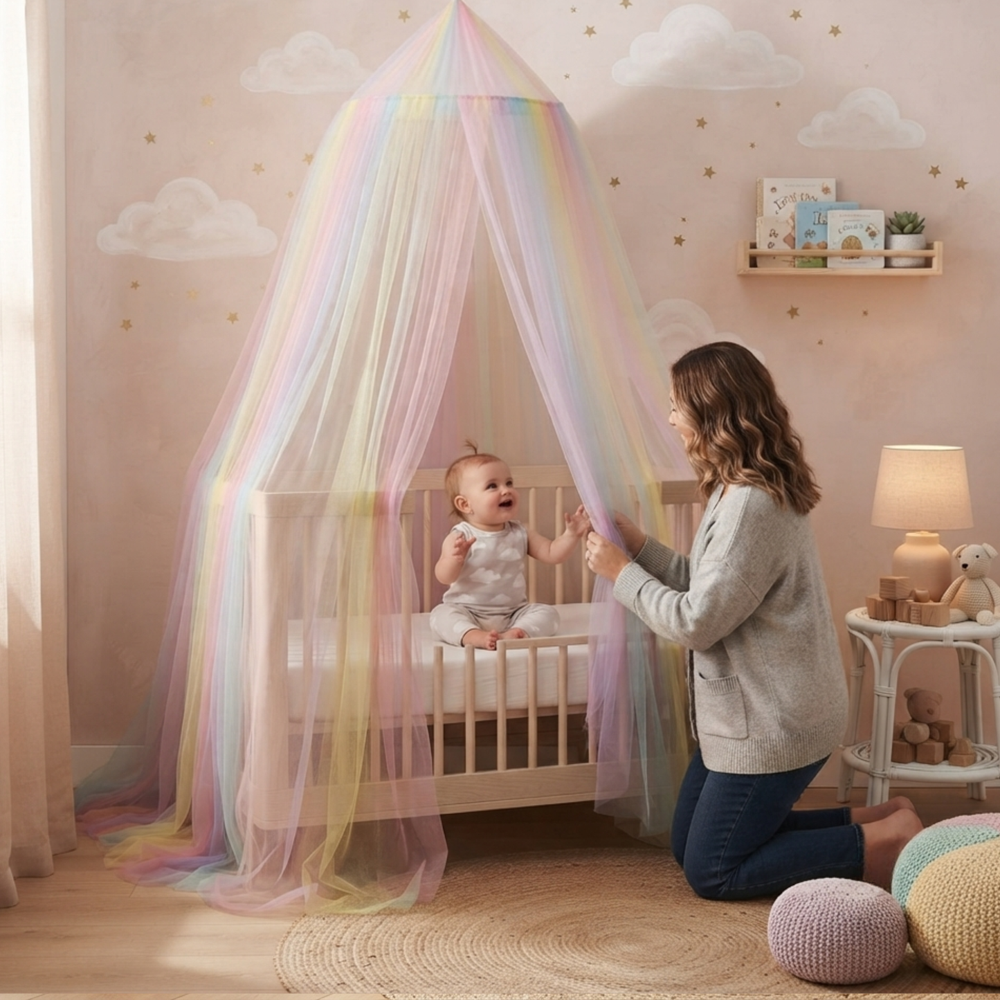 Ciel de lit ajusté par maman tente voile léger au-dessus du berceau de son nouveau-né.
