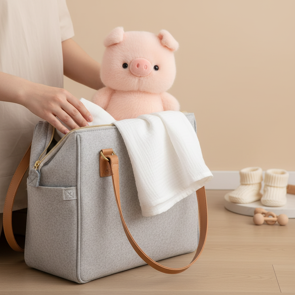cochon en peluche PINKYPIGGY™ dans sac à langer – doudou compact pratique pour maman