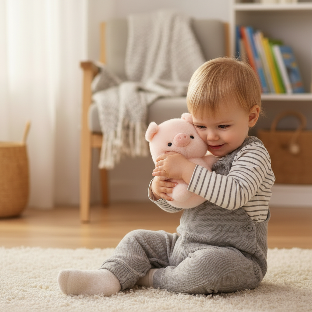 cochon en peluche PINKYPIGGY™ – enfant qui câline son doudou cochon rose compagnon de câlins