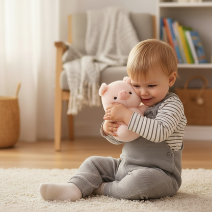 cochon en peluche PINKYPIGGY™ – enfant qui câline son doudou cochon rose compagnon de câlins
