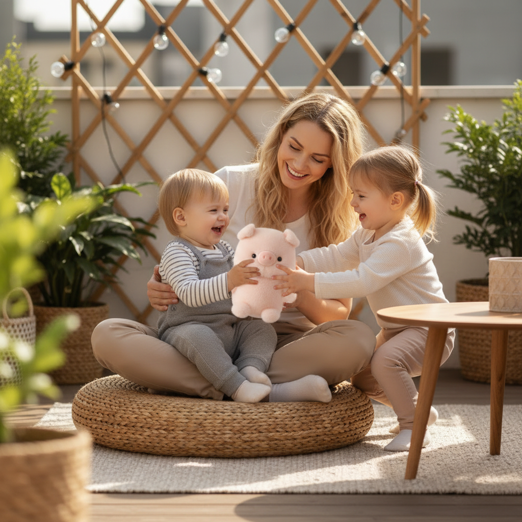 cochon en peluche PINKYPIGGY™ – maman et enfants sur terrasse moment en famille joyeux