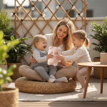 cochon en peluche PINKYPIGGY™ – maman et enfants sur terrasse moment en famille joyeux