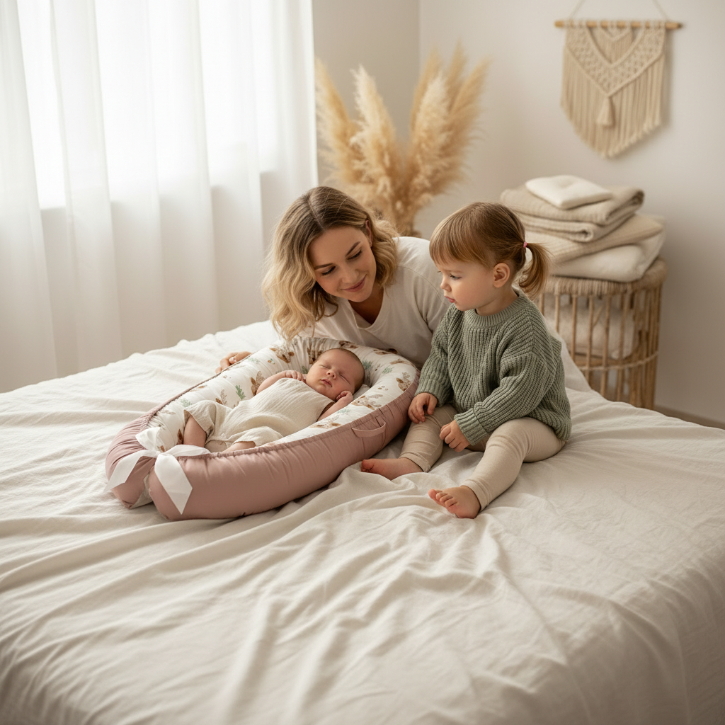 Cocon bébé COCOSUR™ – maman et grande sœur veillant sur un bébé endormi en toute sécurité et sérénité